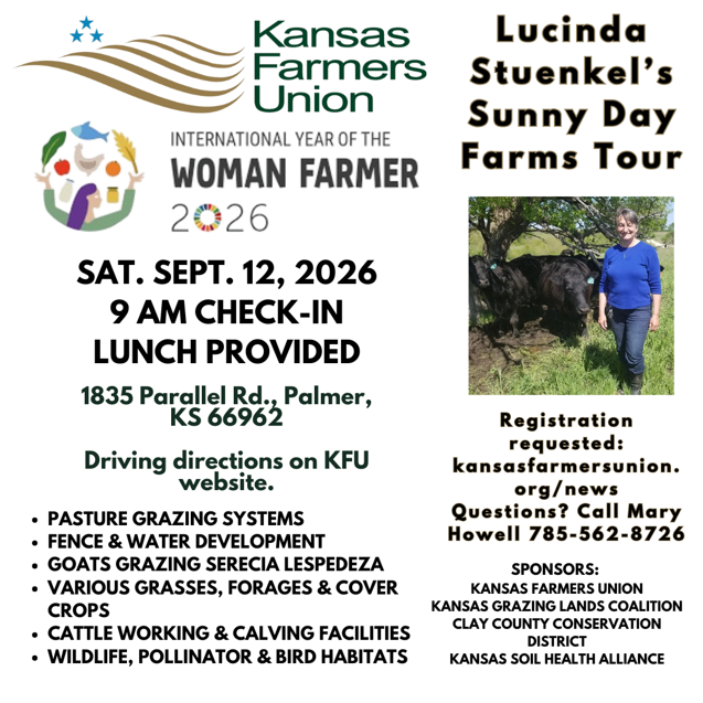 International Year of the Woman Farmer tour flyer for Lucinda Stuenkel’s Sunny Day Farms on September 12, 2026, near Palmer, Kansas.