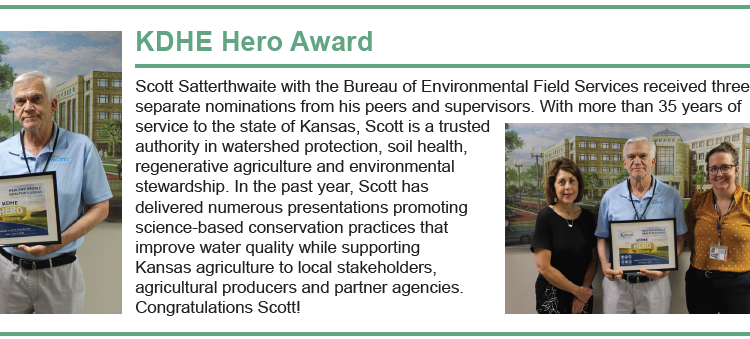 Scott Satterthwaite holding his KDHE Hero Award alongside Secretary Janet Stanek