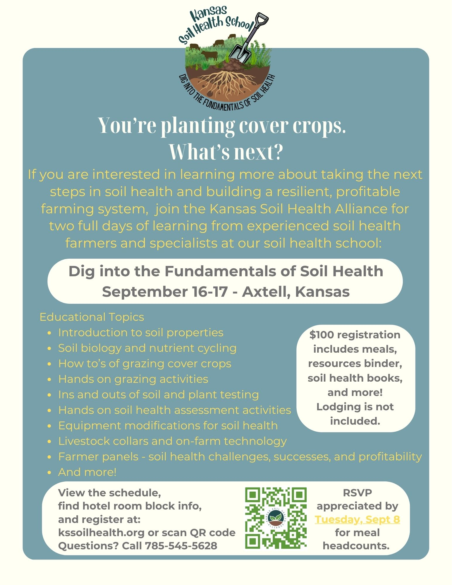 Kansas Soil Health School flyer for September 16–17, 2026, at BS Farms in Axtell, Kansas.